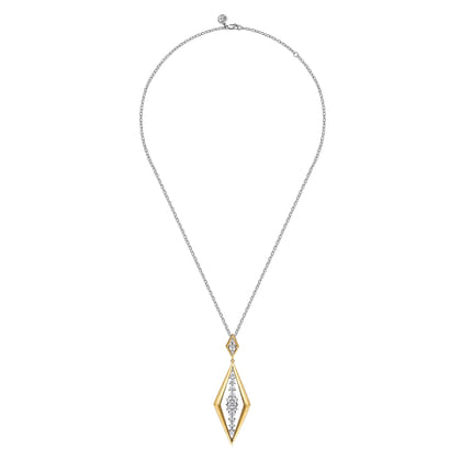 18K White and Yellow Gold Diamond Elongated Diamond Shape Drop Pendant Necklace