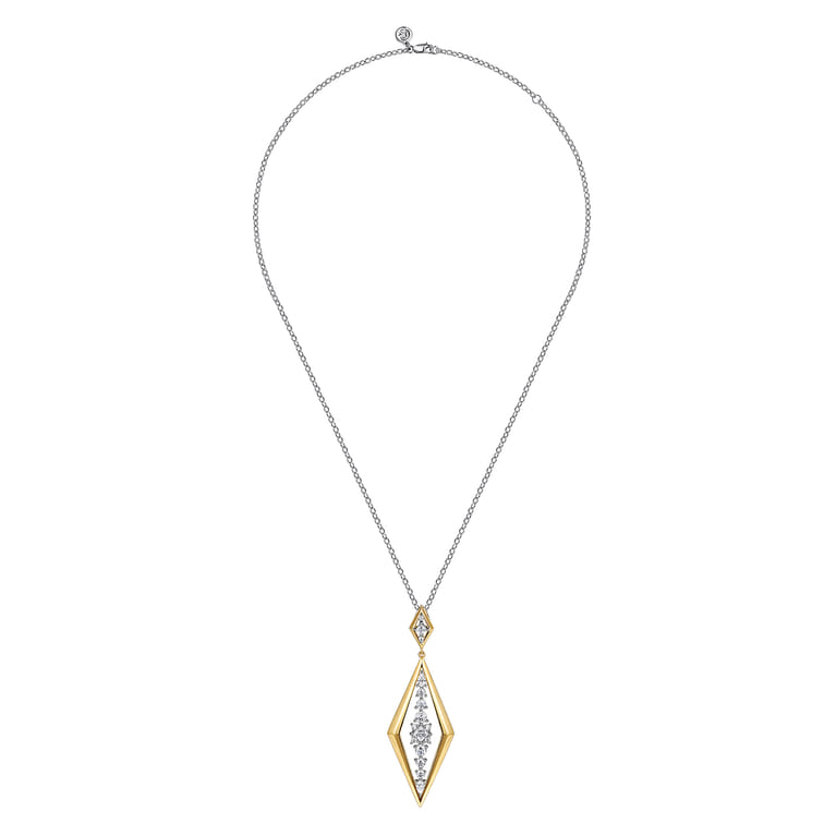 18K White and Yellow Gold Diamond Elongated Diamond Shape Drop Pendant Necklace - 2.3 ct - Shot 2
