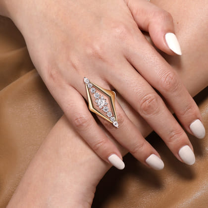 18K White and Yellow Gold Diamond Elongated Diamond Shape Ladies Ring