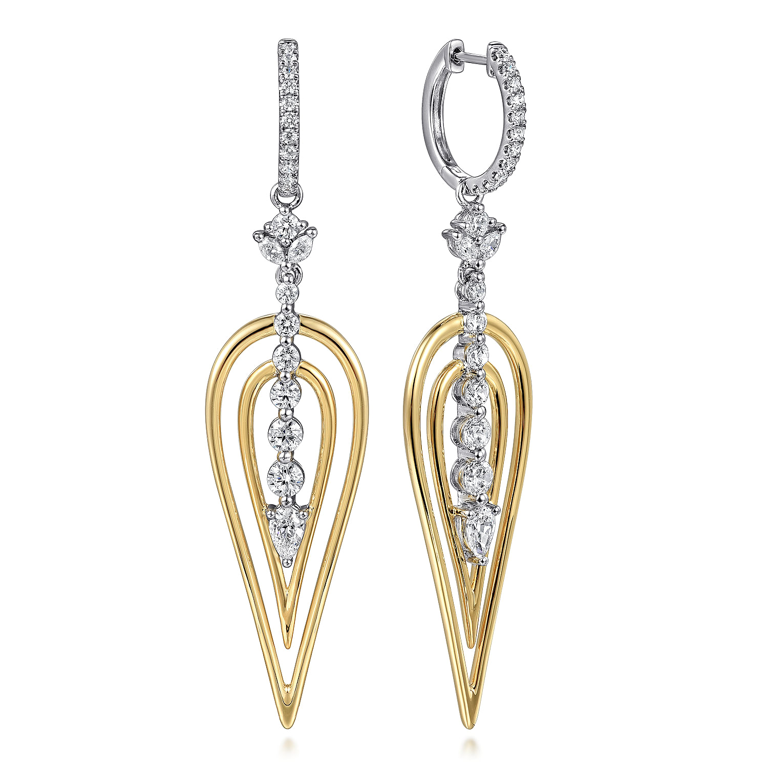 18K White and Yellow Gold Double Pear Shape Diamond Huggie Drop Earrings