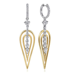 18K White and Yellow Gold Double Pear Shape Diamond Huggie Drop Earrings