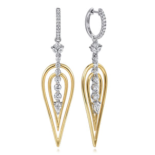 18K White and Yellow Gold Double Pear Shape Diamond Huggie Drop Earrings