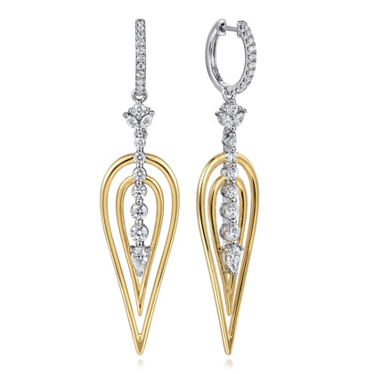 18K White and Yellow Gold Double Pear Shape Diamond Huggie Drop Earrings