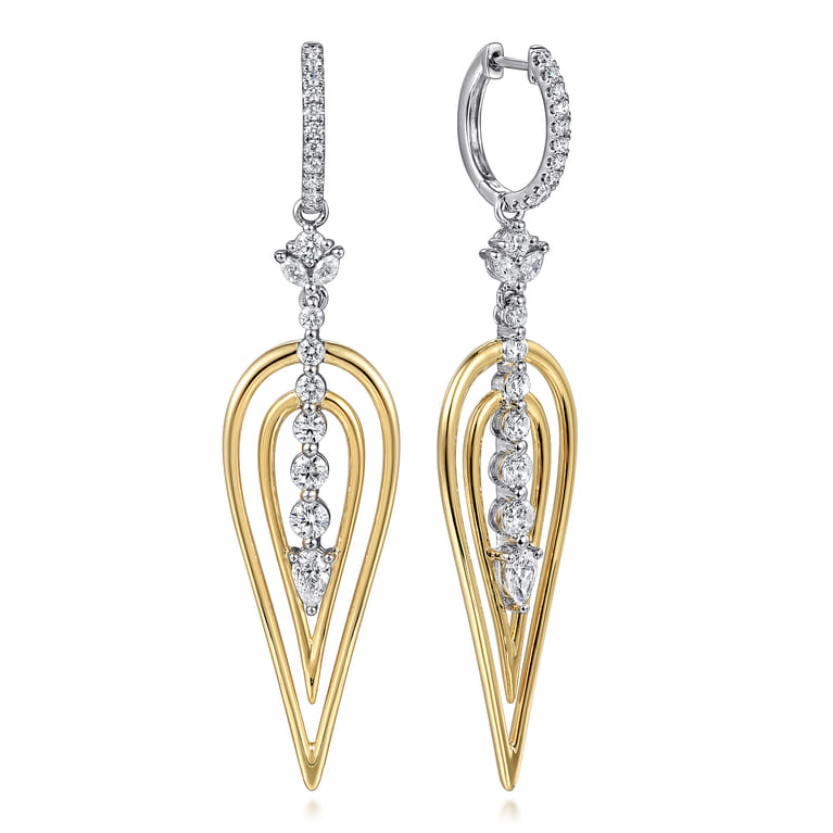 18K White and Yellow Gold Double Pear Shape Diamond Huggie Drop Earrings - 2.5 ct - Shot 1