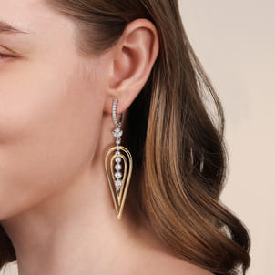 18K White and Yellow Gold Double Pear Shape Diamond Huggie Drop Earrings