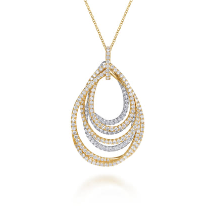 18K White and Yellow Gold Multi Row Teardrop Diamond Pendant Necklace