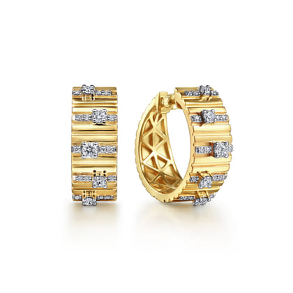 18K Yellow Gold 20mm Contemporary Diamond Station Classic Hoop Earrings