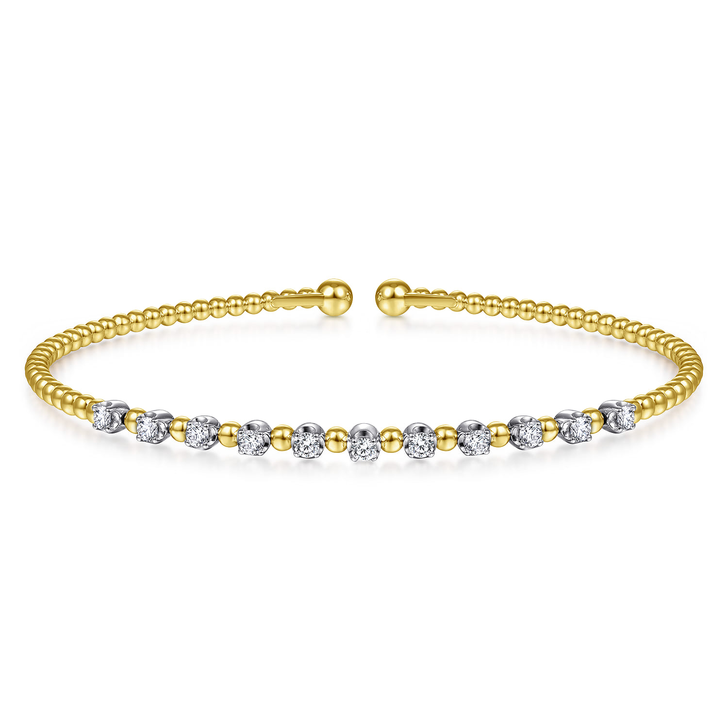 18K Yellow Gold Bujukan Split Cuff Bracelet with Round White Gold Diamond Stations in size 6.25 - Shot 1