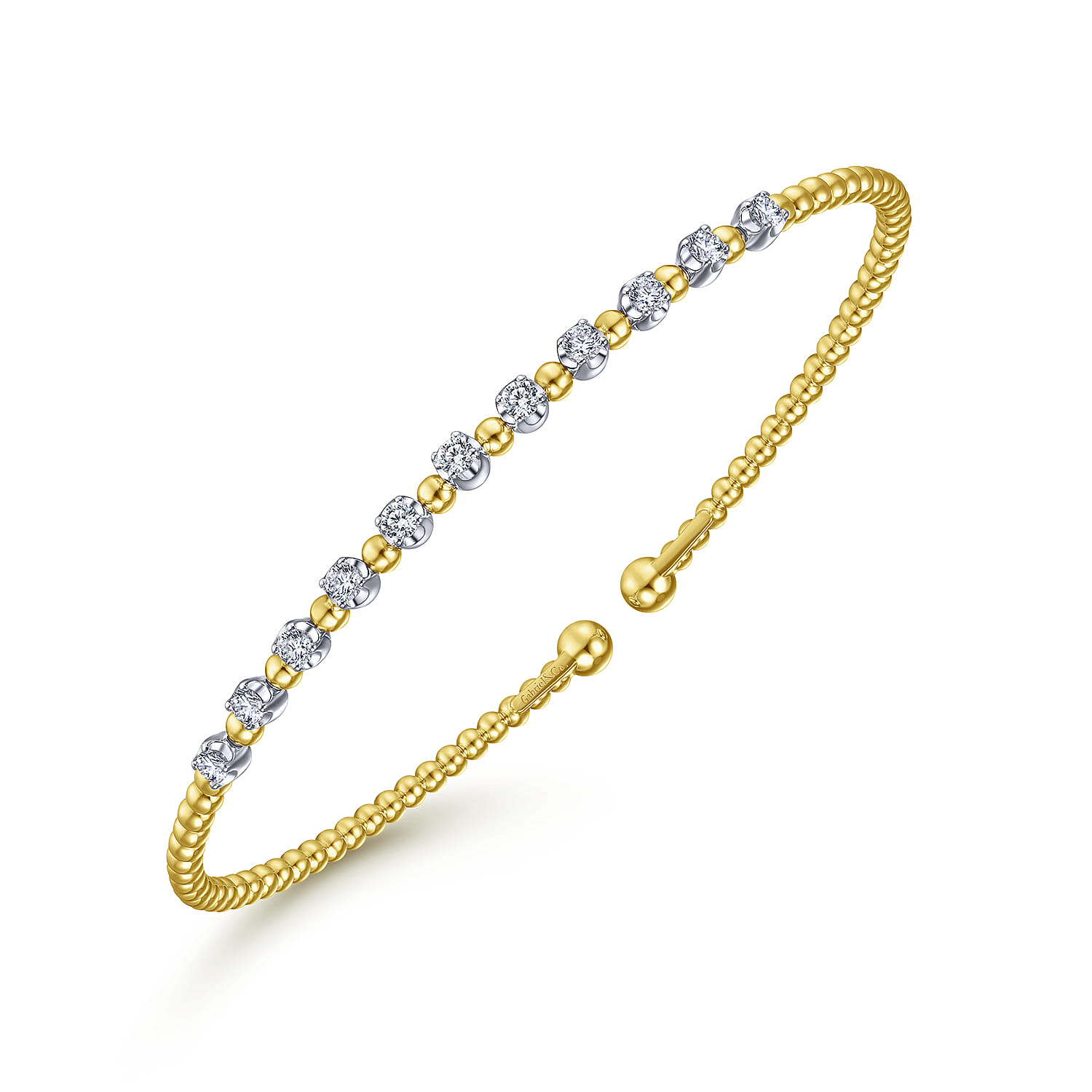 18K Yellow Gold Bujukan Split Cuff Bracelet with Round White Gold Diamond Stations in size 6.25 - Shot 2