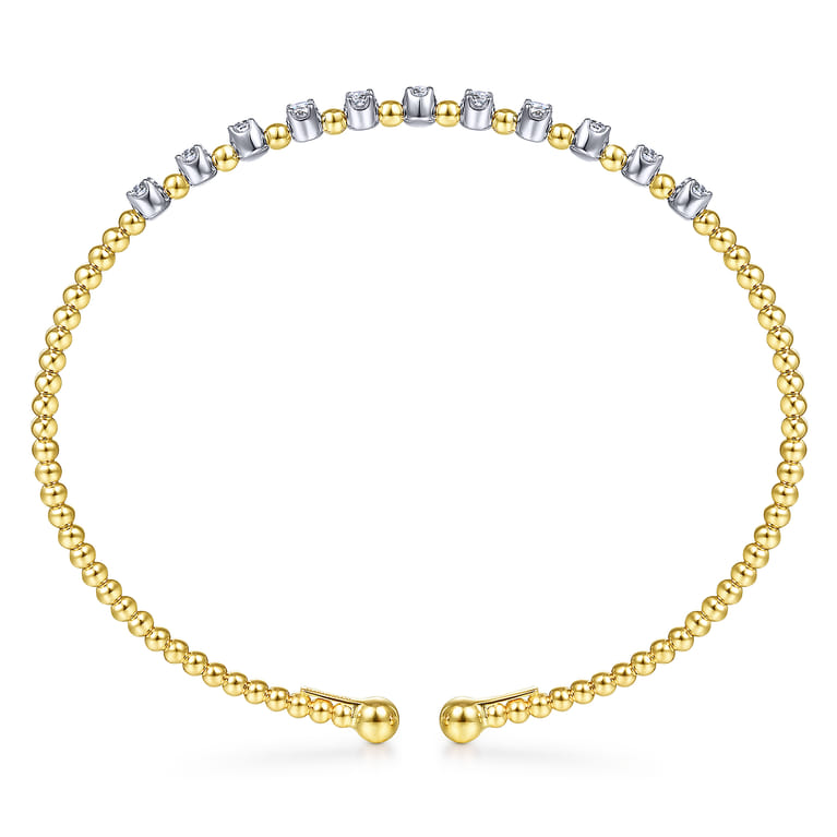 18K Yellow Gold Bujukan Split Cuff Bracelet with Round White Gold Diamond Stations in size 6.25 - Shot 3
