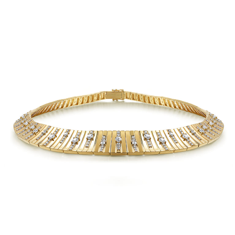18K Yellow Gold Contemporary Diamond Station Choker Necklace - 4.51 ct - Shot 1