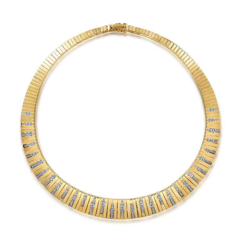 18K Yellow Gold Contemporary Diamond Station Choker Necklace - 4.51 ct - Shot 2