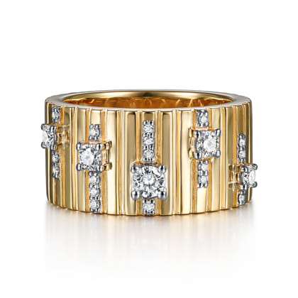 18K Yellow Gold Contemporary Diamond Station Wide Band Ring