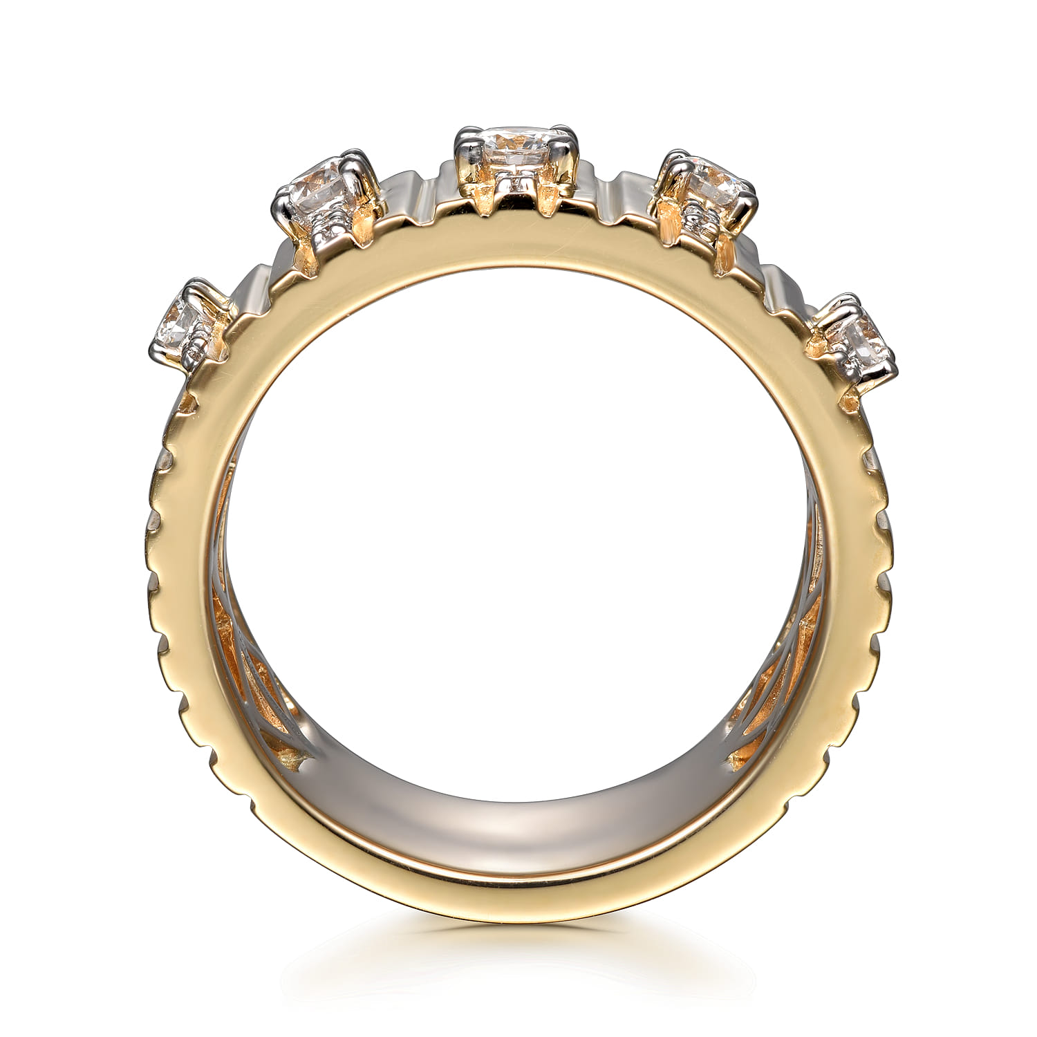 18K Yellow Gold Contemporary Diamond Station Wide Band Ring