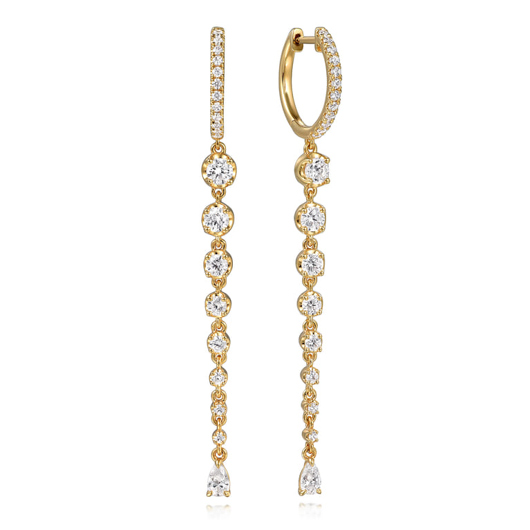 18K Yellow Gold Diamond Huggie Drop Earrings - 2 ct - Shot 1