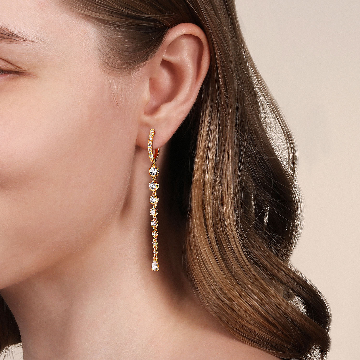 18K Yellow Gold Diamond Huggie Drop Earrings