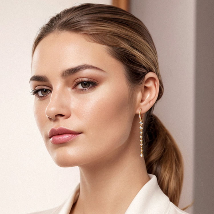 18K Yellow Gold Diamond Huggie Drop Earrings