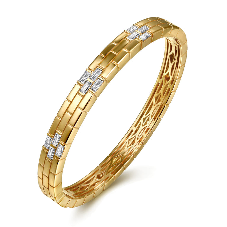 18K Yellow Gold Diamond Station Bangle Bracelet - 1.6 ct - Shot 2