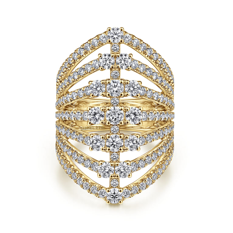 18K Yellow Gold Layered Diamond Fan Wide Band Ring - 2.6 ct - Shot 1