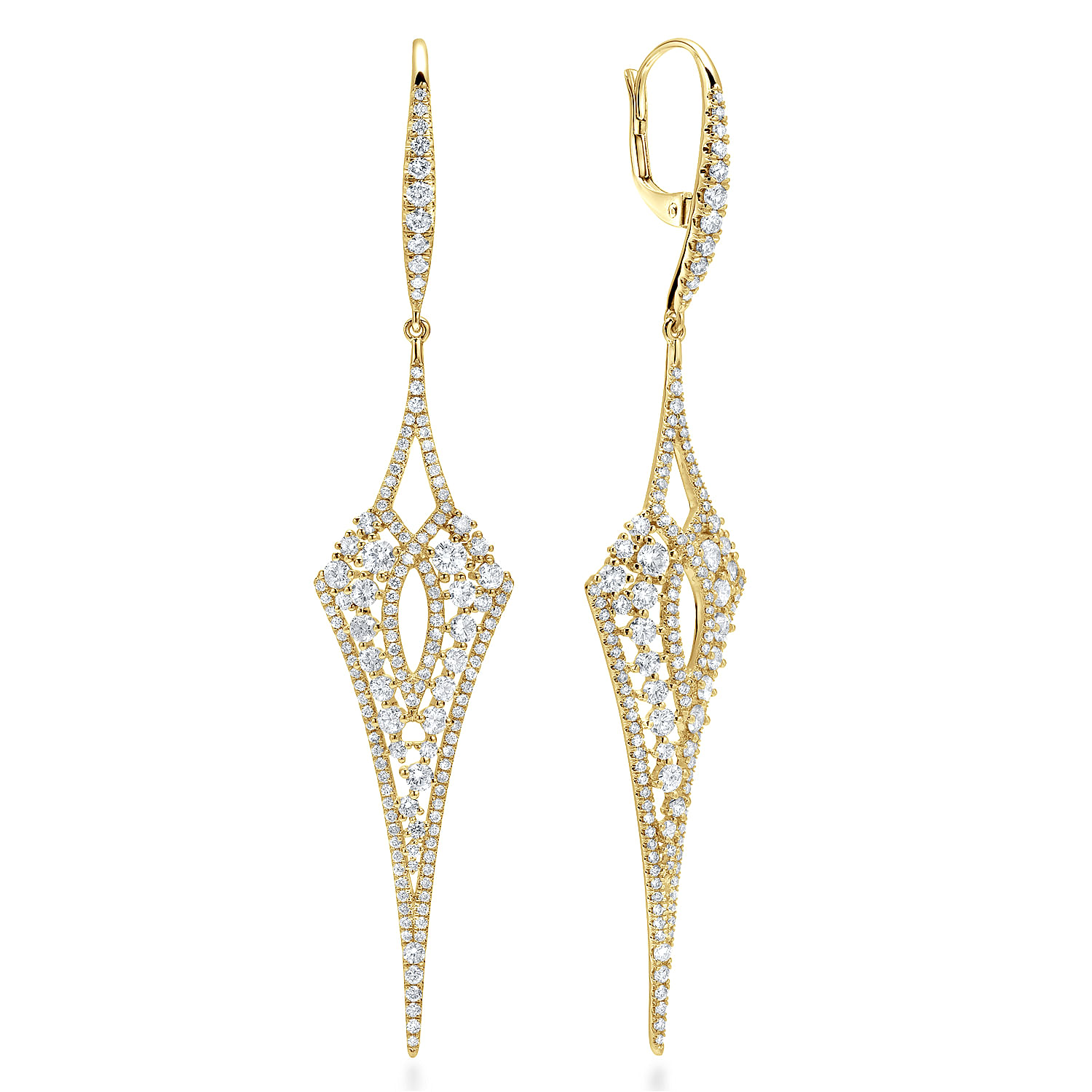18K Yellow Gold Long Diamond Kite Drop Earrings