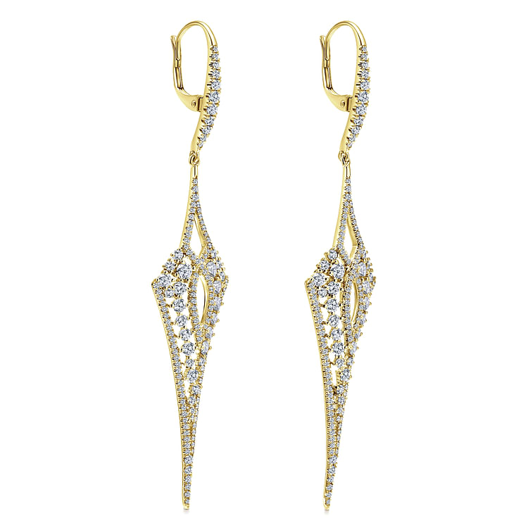 18K Yellow Gold Long Diamond Kite Drop Earrings
