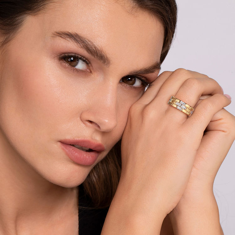 18K Yellow Gold Rectangle Diamond Wide Band Ring