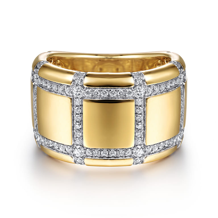 18K Yellow Gold Wide Band Ring with Checkered Diamond Pattern - 0.85 ct - Shot 1