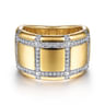 18K Yellow Gold Wide Band Ring with Checkered Diamond Pattern - 0.85 ct
