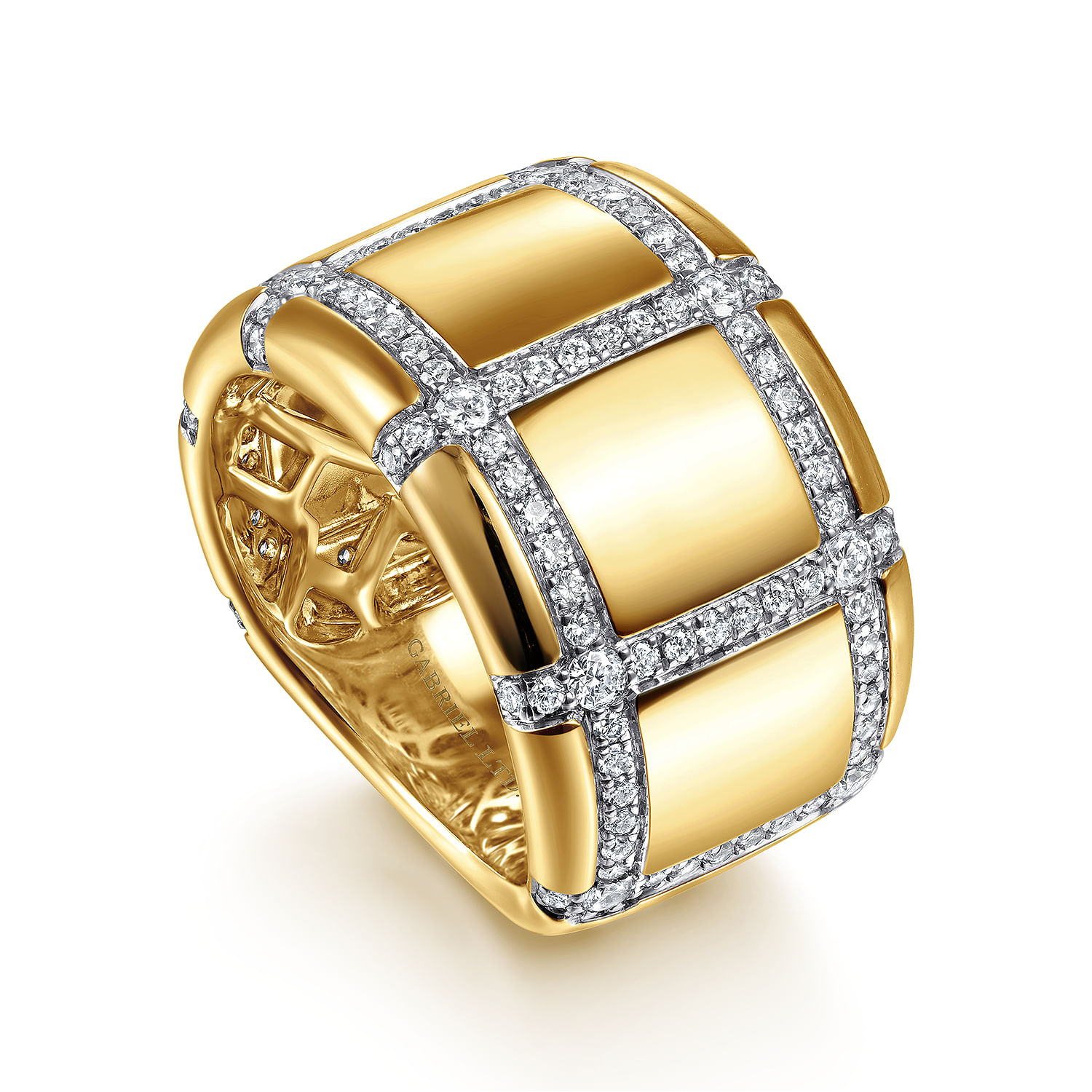 18K Yellow Gold Wide Band Ring with Checkered Diamond Pattern - 0.85 ct - Shot 3