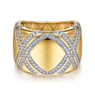 18K Yellow Gold Wide Diamond Ring with Diamond Criss Crossing Rows