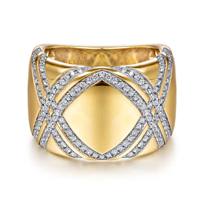 18K Yellow Gold Wide Diamond Ring with Diamond Criss Crossing Rows