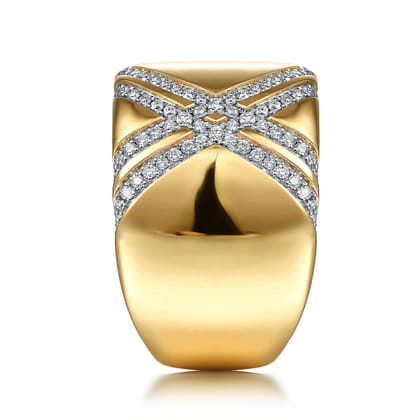 18K Yellow Gold Wide Diamond Ring with Diamond Criss Crossing Rows