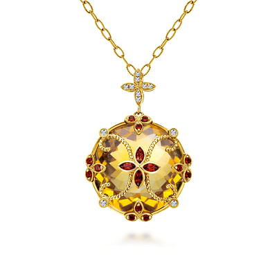 19 inch 18K Yellow Gold Citrine  Garnet and Diamond Round Pendant Necklace