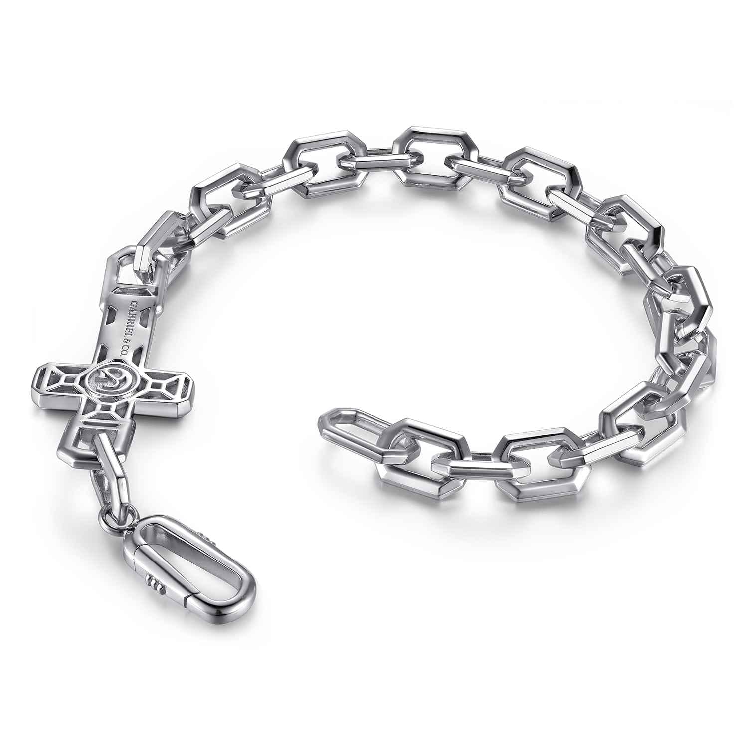 19mm 925 Sterling Silver Men's Mix Faceted Link Chain Bracelet with Cross - Shot 3