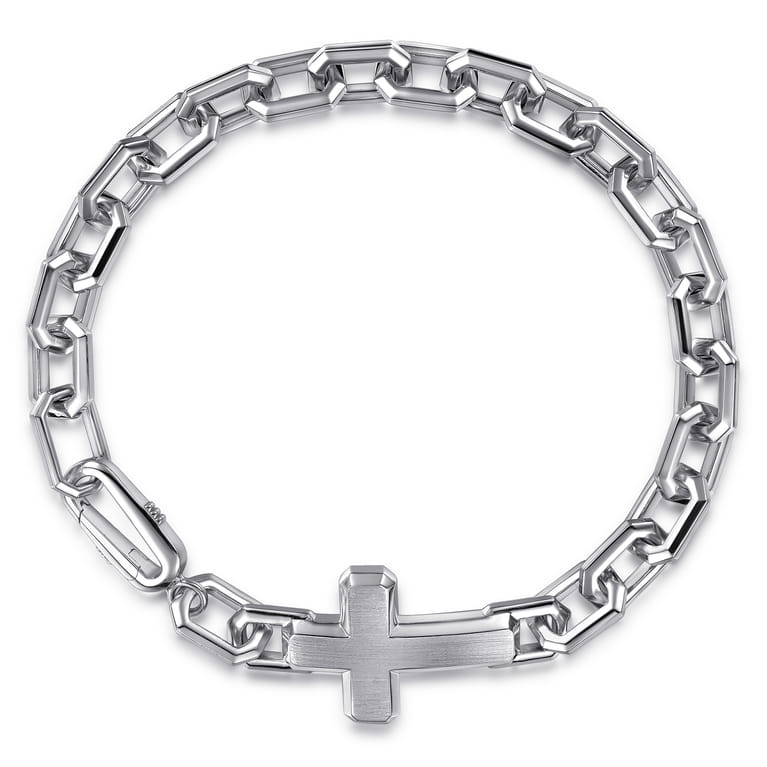 19mm 925 Sterling Silver Men's Mix Faceted Link Chain Bracelet with Cross - Shot 1