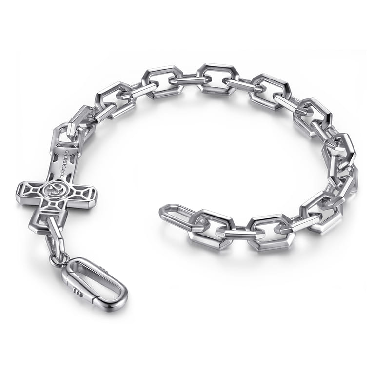 19mm 925 Sterling Silver Men's Mix Faceted Link Chain Bracelet with Cross - Shot 3
