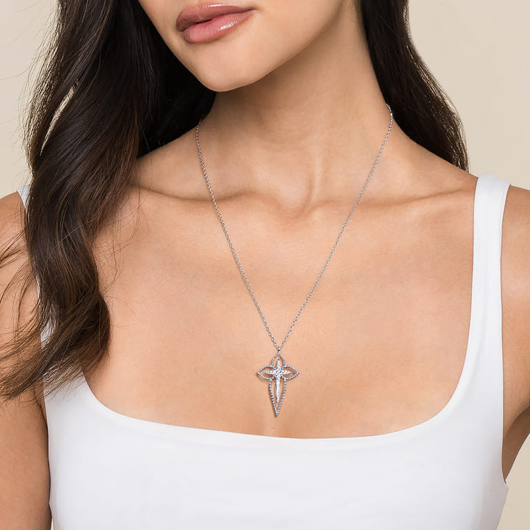 20 inch 925 Sterling Silver Bujukan and White Sapphire Cross Pendant Necklace - Shot 3