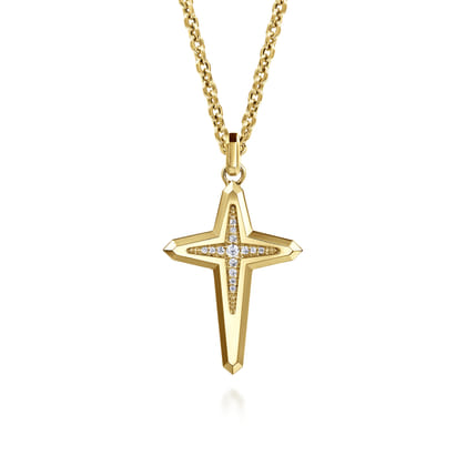 22 Inch 14K Yellow Gold Diamond Cross Pendant Necklace