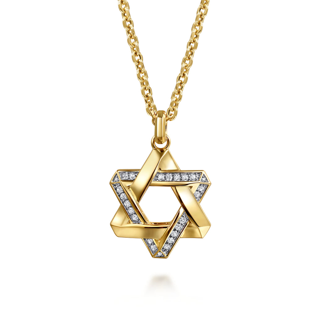 22 Inch 14K Yellow Gold Diamond Star of David Pendant Necklace