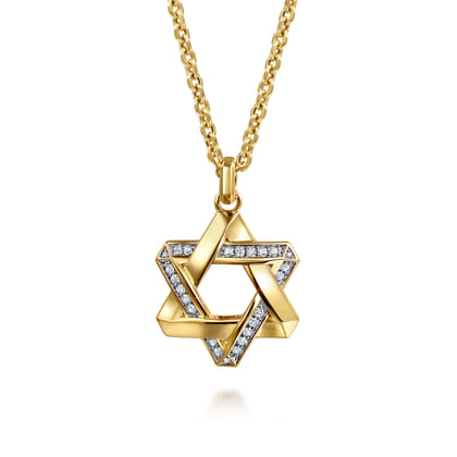 22 Inch 14K Yellow Gold Diamond Star of David Pendant Necklace