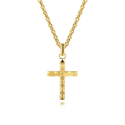 22 Inch 14K Yellow Gold Faceted Cross Pendant Necklace