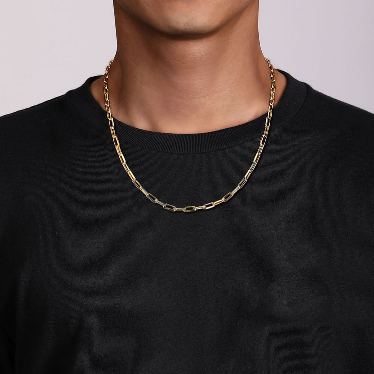 22 Inch 14K Yellow Gold Solid Faceted Men's Link Chain Necklace