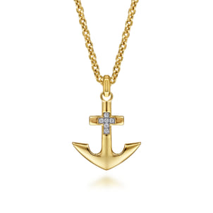 22 Inch 14K Yellow Gold Wheat Diamond Anchor Pendant Necklace