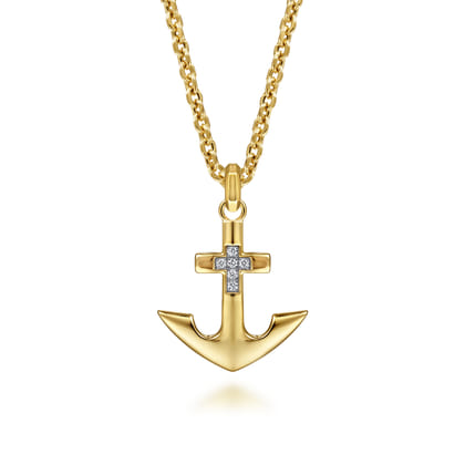 22 Inch 14K Yellow Gold Wheat Diamond Anchor Pendant Necklace
