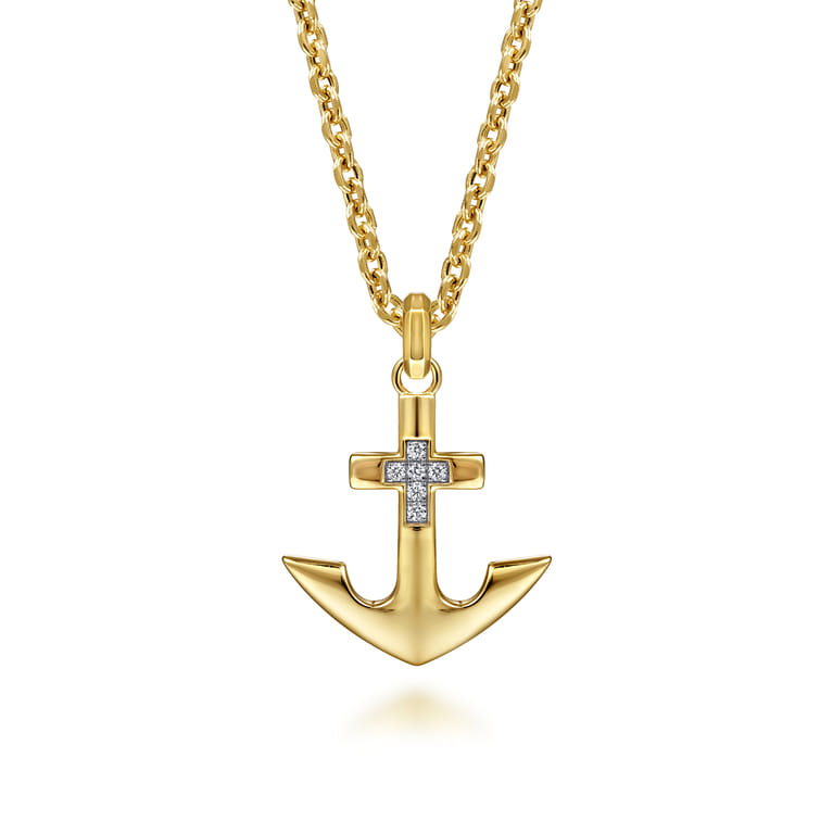 22 Inch 14K Yellow Gold Wheat Diamond Anchor Pendant Necklace - 0.1 ct - Shot 1