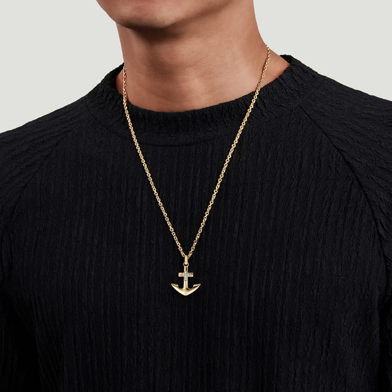 22 Inch 14K Yellow Gold Wheat Diamond Anchor Pendant Necklace - 0.1 ct - Shot 4