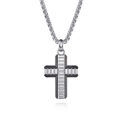 22 Inch 3.5mm 925 Sterling Silver and Titanium Cross Pendant Necklace