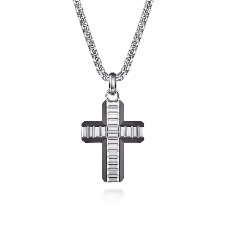 22 Inch 3.5mm 925 Sterling Silver and Titanium Cross Pendant Necklace - Shot 1