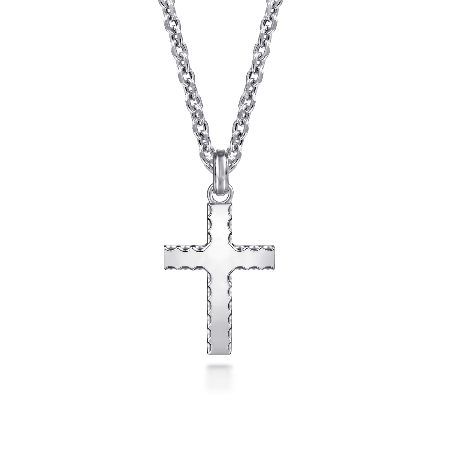 22 Inch 925 Sterling Silver Beveled Trim Cross Pendant Necklace