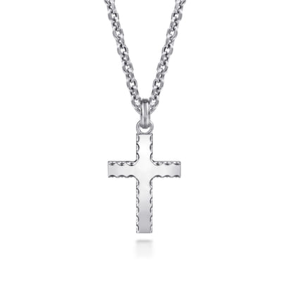 22 Inch 925 Sterling Silver Beveled Trim Cross Pendant Necklace